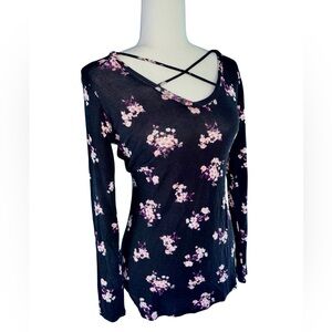 No Comment Black & Pink Floral Blouse Criss Cross Neck Y2K Boho Vibes Size M